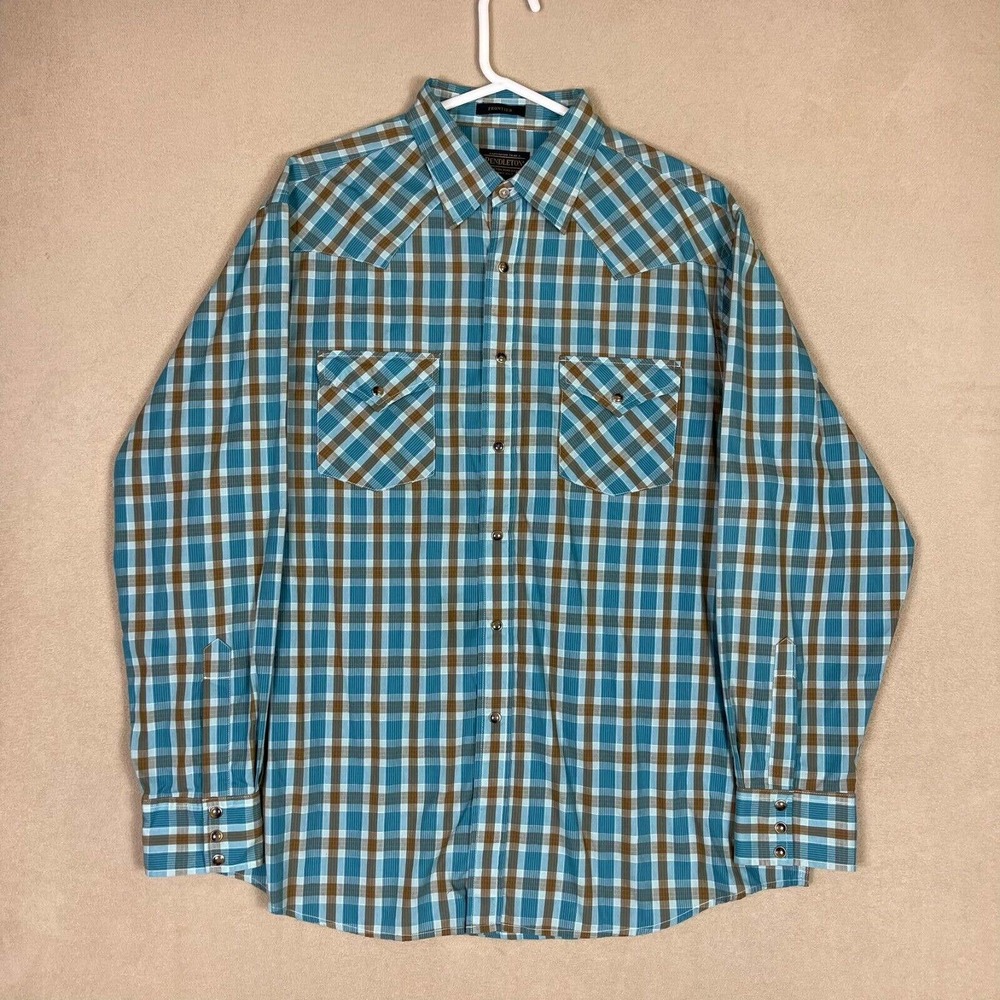 Pendleton Shirt Adult Extra Large Blue/Brown Plaid Long Sleeve Chest Pocket Mens